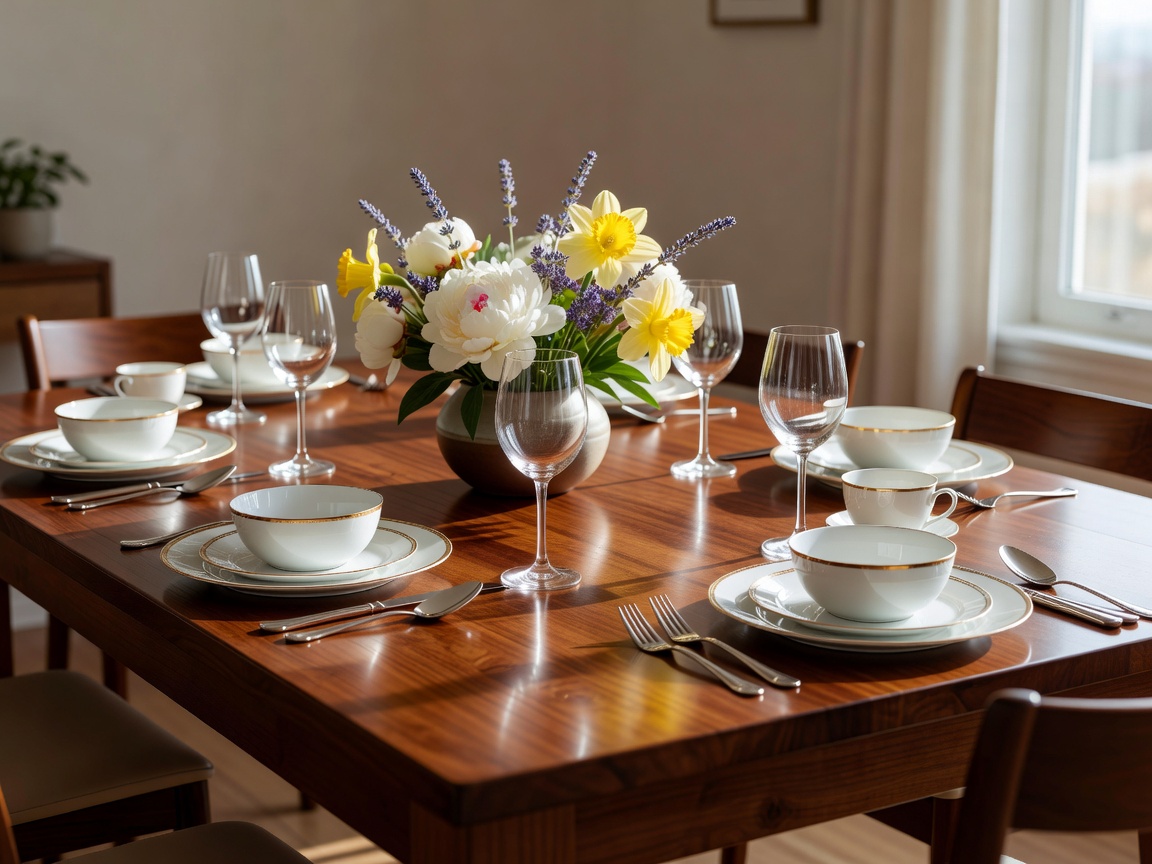 A beautifully set solid wood dining table in a brightly lit room