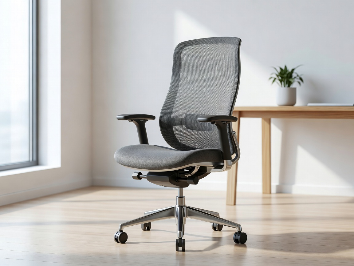 A high-end mesh ergonomic office chair in a bright, modern home office