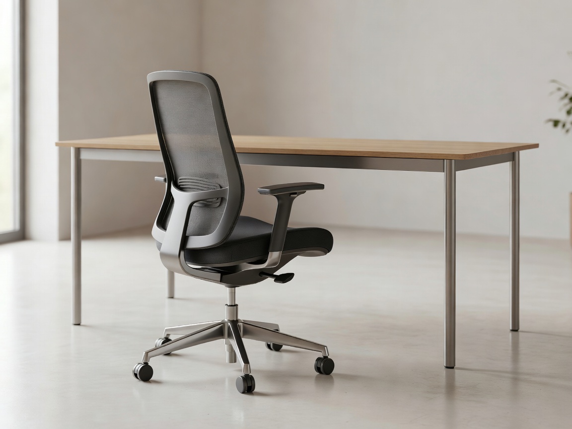 A modern ergonomic office chair positioned next to a minimalist desk