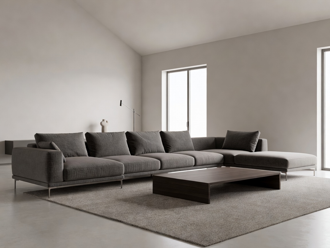 A modular grey sofa system arranged in a spacious contemporary living room