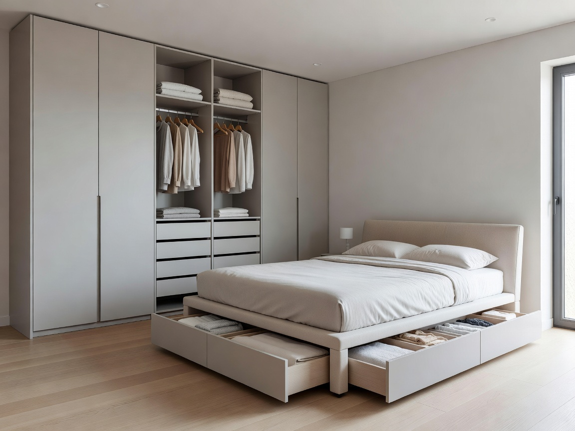 A well-organized bedroom featuring modern built-in wardrobes and under-bed storage
