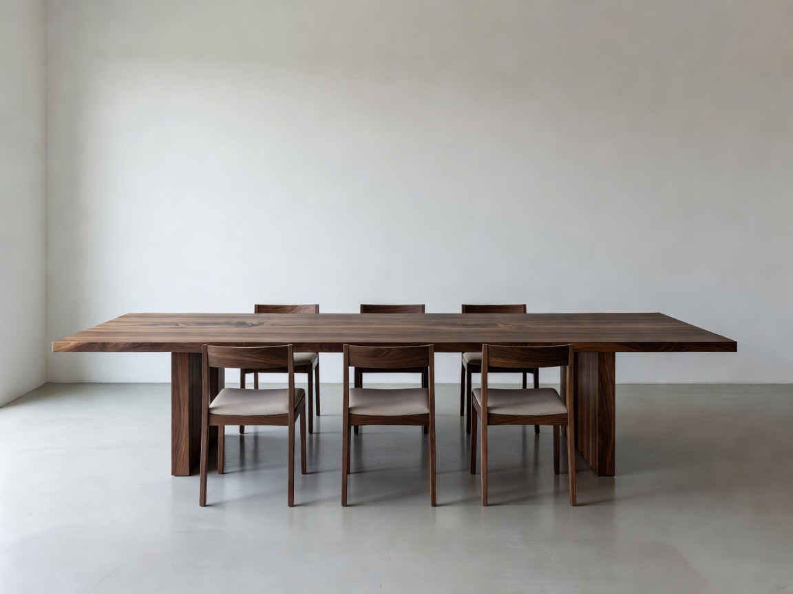An expansive solid walnut dining table in a minimalist dining room