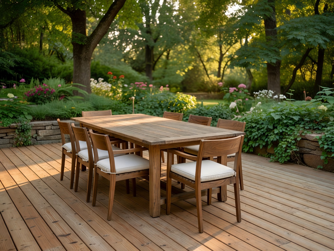 Beautifully crafted outdoor dining set on a wooden deck surrounded by greenery