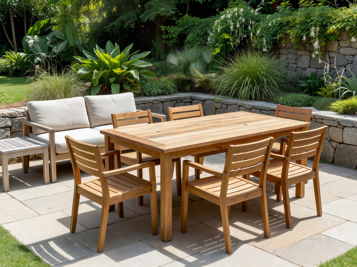 Sustainable teak outdoor furniture on a sunny patio